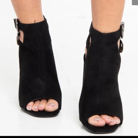 Black Faux Suede Peep Toe Block Heel Boots with buckle detailing Size 6 - Picture 15 of 15